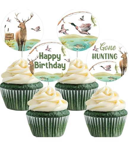 Donoter Cupcake-Deko – 48 Stück Jagdmotiv-Topper Mit Hirsch, Baum, Zielscheibe & Jäger Für Mottoparty