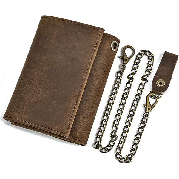 RFID Blocking Men's Tri-fold Vintage Leather Biker Chain