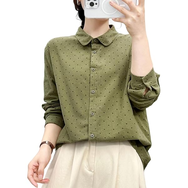 Amazon | [Hedbroli] ドット柄長袖ブラウス 丸襟 レディースシャツ