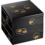 まえじゅう漆器 重箱 三段 光輪松 黒 金 伝統工芸 山中塗り 21cm 角型 4~5人用 日本製7R-603