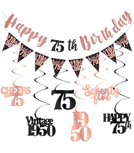 Rose Gold 75th Birthday Decoration Kit - Banner, Bunting & Swirls For Women's Party