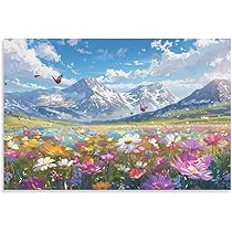 Amazon.co.jp: 絵画 山の下に広がる色とりどりの花畑 アート