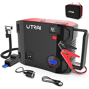 【2020最新版】UTRAI ジャンプスターター 24000mAh 一台四役 エアコンプレッサー搭載 ピーク電流2000A エンジンスターターDC/USB出力 安全保護機能 LED緊急ライト モバイルバッテリー QC3.0搭載 急速充電 8Lガソリンエンジン車 6.5Lディーゼル車 日本語取扱説明書 PSE認証済 24ヶ月保証