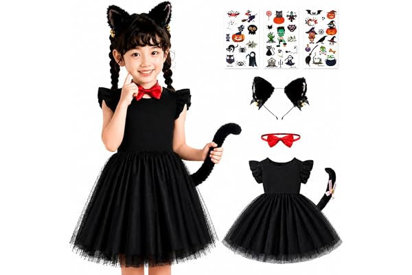 [Sunalchemy] 猫 コスプレ 黒猫 コスプレ 子供 ハロウィン 仮装 女の子 キッズ7点セット 子ども 可愛い 着脱簡単 ねこ 衣装 猫耳 しっぽ リボン ドレス 90~130cm コスチューム 夜光シール付き ブラック