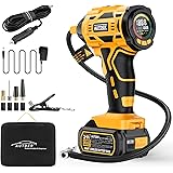 Autder エアコンプレッサー 電動エアーポンプ コードレス 充電式/DC電源 自動停止 最大圧力180PSI(50L/min)電動エアーポンプ 過熱保護 デジタル圧力計 自動車/バイク/自転車/浮き輪 LED/SOS懐中ライト 付き夜用 英式/米