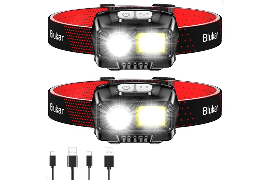 Blukar Head Torch Rechargeable, 2 Pack Super Bright Headlamp-8 Modes | Lightweight Headlight with Red Warning Lights,Sensor C