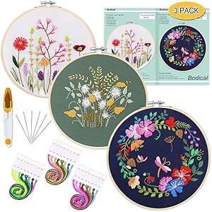 BodiCal刺繍キット 刺しゅう クロスステッチキット 刺繍セット 竹製刺繍枠3本 20CM 刺繍糸 刺繍針6本 刺繍用布3枚 はさみ 初心者学ぶ