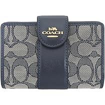 【美品】COACH 2つ折り財布 レザー ミッドナイト ダークネイビー コーチ COACH 2つ折り財布 シグネチャー ジャカード ミディアム