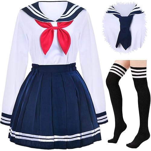Elibelle Japanese School Girls Uniform Sailor Navy Blue Pleated Skirt Anime Cosplay Costumes with Socks Set(SSF13)