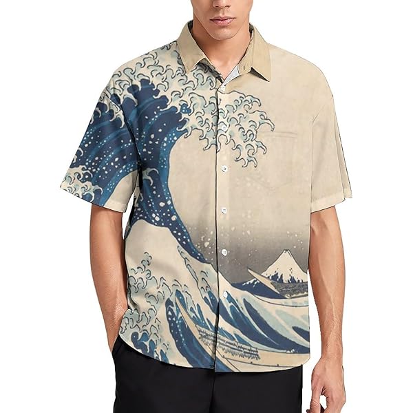 夏に向け値下げしました！【むさしやアロハ　美品】和風アロハシャツ 半袖 Amazon.co.jp: シャツ 半袖 メンズ アロハシャツ 浮世絵 葛飾北斎
