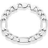MiaBella 925 Sterling Silver Italian 11mm Solid Diamond-Cut Figaro Chain Bracelet for Men, 7.5, 8, 9 inch, 925 Italy