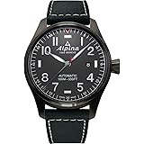 Alpina スタータイマー パイロット 3針自動、アラビアマーカー、サファイアクリスタル、44mm, ブラック/ブラックレザーストラップ。