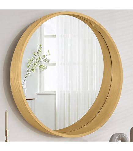 Amazon.co.jp: Browgrow 壁掛けミラー 木製 鏡 壁掛け鏡 丸型鏡