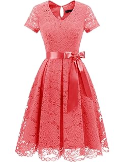 Amazon Dresstell ドレステル パーティー ドレス 結婚式ワンピース レース 膝丈 半袖 Aライン 通勤 お呼ばれ 発表会 二次会 レディース ワンピース チュニック 通販