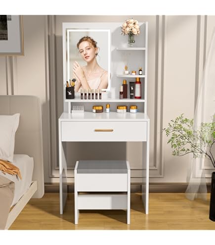 Amazon｜ドレッサー 白 幅60cm コンパクト 化粧台 スツール付き 3色LED