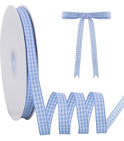 Blue Gingham Ribbon - 3/8 Inch X 50 Yards Checkered Craft Ribbon For Hair, Gifts & Decor