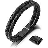 SERASAR | Premium Genuine Leather Bracelet [Double] For Men in Black | Magnetic Stainless Steel Clasp in Black, Silver and Go