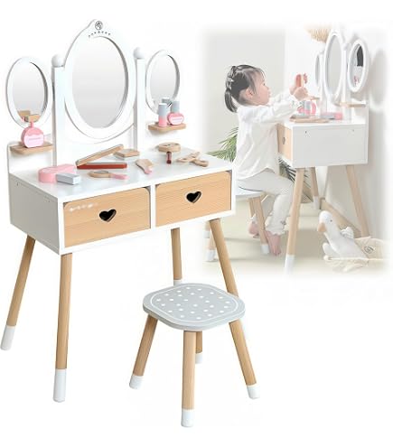 Amazon.co.jp: Giantex 子供ドレッサー 木製 椅子付き LEDライト付き