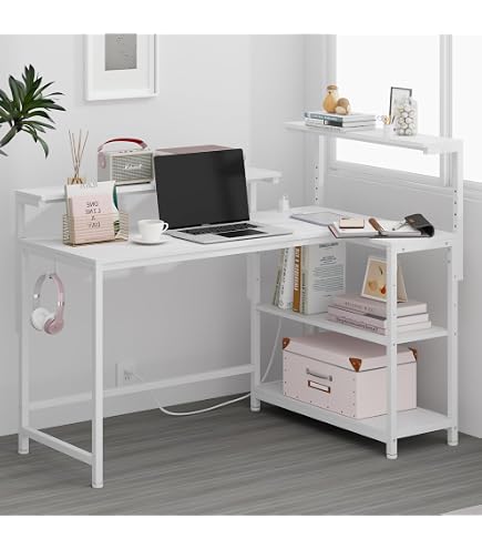 Amazon | MoonMeguri L字デスク 机 収納付き 幅130×奥行80×高さ84.5