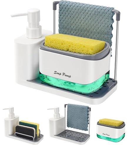Casabella Sink Sider Duo – Countertop Soap Pump With Built-In Sponge Holder (White & Chrome)