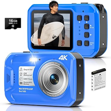 Amazon | 水中カメラ 4K録画 64MP 5M防水 デジカメ 防水カメラ 自撮り