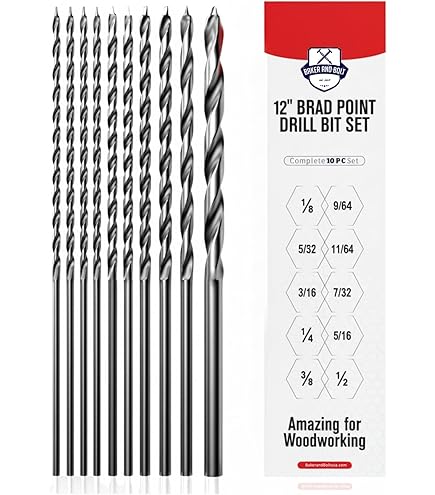COMOWARE 12-Piece Extra Long Brad Point Drill Bit Set – 12” High Carbon Steel Bits For Wood, Plastic, PVC