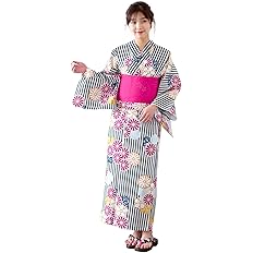 Amazon キョウエツ 浴衣セット 染料 3点セット 浴衣 作り帯 下駄 16柄 B レディース 03 菊ストライプ 作り帯チェリー 浴衣 通販