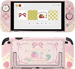 GeekShare Strawberries with Cream Case Compatible with Switch 2, Slim Separable Soft Silicone Protective Shell with 2 Thumb Grip Caps -- Pink