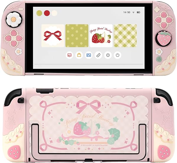 GeekShare Strawberries with Cream Case Compatible with Switch 2, Slim Separable Soft Silicone Protective Shell with 2 Thumb Grip Caps -- Pink - 1