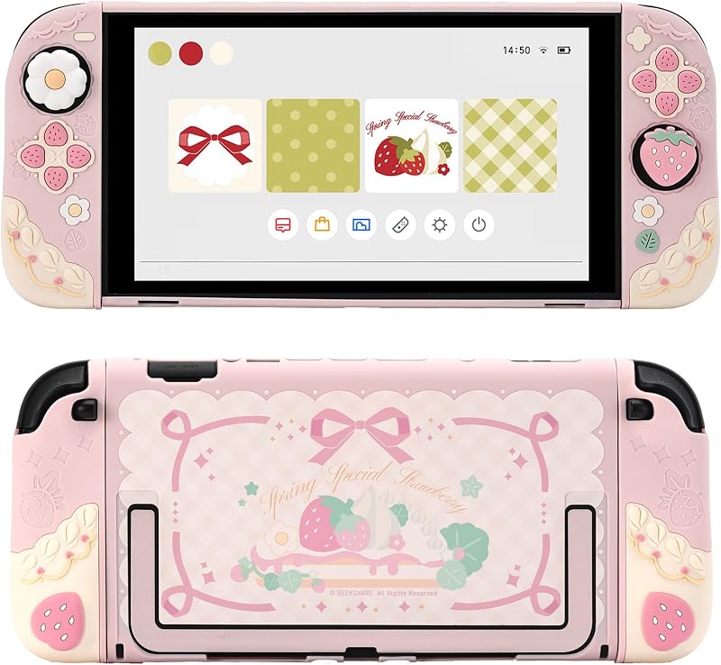GeekShare Strawberries with Cream Case Compatible with Switch 2, Slim Separable Soft Silicone Protective Shell with 2 Thumb Grip Caps -- Pink