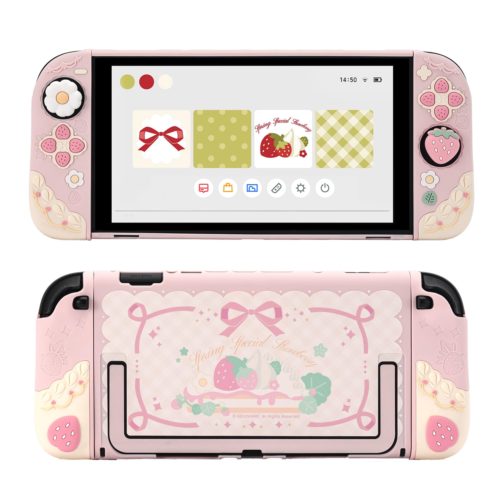 GeekShare Strawberries with Cream Case Compatible with Switch 2, Slim Separable Soft Silicone Protective Shell with 2 Thumb Grip Caps -- Pink - 1