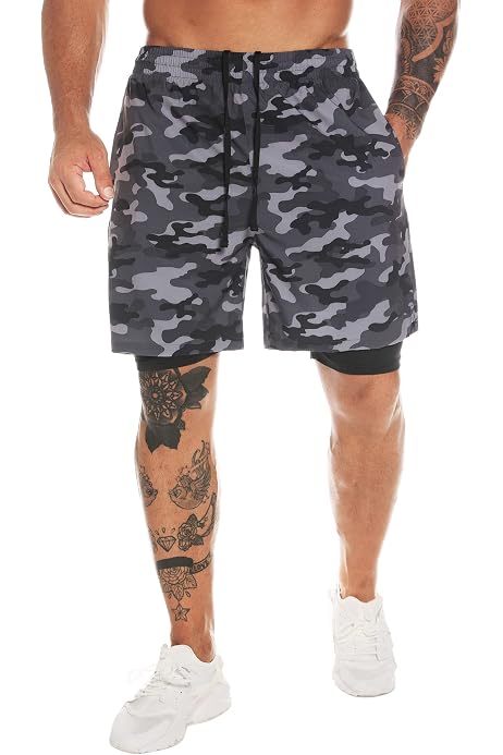 Men's 2-in-1 Workout Shorts With Compression Liner - 7" Gym Running Athletic Shorts, Camo Grey - View #5