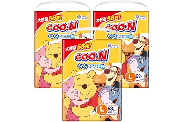 Goo.n Gungun Absorbent Pull-ups, Smooth Breathable, 19.8 - 30.9 lbs (9 - 14 kg), 174 Diapers (58 diapers x 3), Unisex, Size L