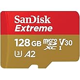 SanDisk 128GB Extreme microSDXC UHS-I Memory Card with Adapter - C10, U3, V30, 4K, 5K, A2, Micro SD Card - SDSQXAA-128G-GN6MA