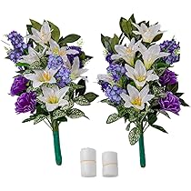 Amazon｜お墓用 菊 ユリ ダリア しきみ付き 造花 2束 固定具付き 造花