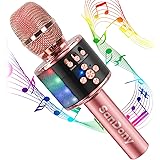 カラオケマイク bluetooth ポータブルスピーカー ワイヤレスマイク 高音質 カラオケ機器 音楽再生 ノイズキャンセリング LEDライト付き 大容量 2800mAh TFカード機能 録音可能 Android&iPhoneに対応 (ローズゴールド