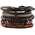 HZMAN Mix 5 Wrap Bracelets Men Women, Hemp Cords Wood Beads Ethnic Tribal Bracelets, Leather Wristbands