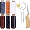 RMTIME 蝋引き糸 レザークラフト 15点セット 革 DIY 手作り 裁縫 ロウ引き糸 直径0.8mm 長さ50ｍ 6色 縫い糸用針 指守り輪 レザーツール 皮革 工具 手芸