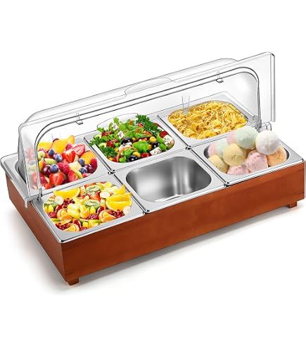 Ziliny 7-Pan Stainless Steel Buffet Food Display Container With Clear Roll Top Lid - Salad Bar, Condiment Cooler With Ice Pan (21x13x13 In)