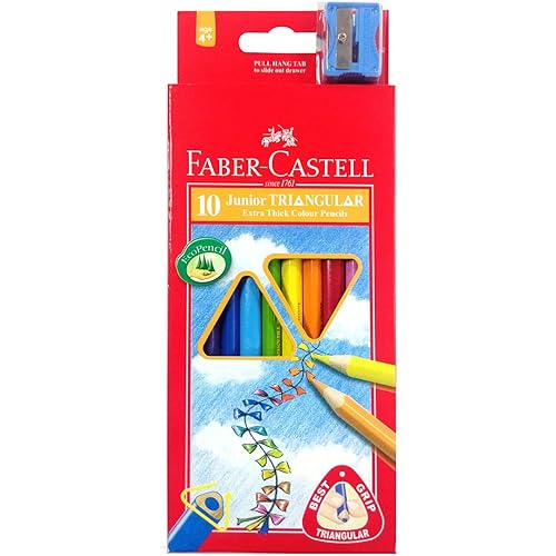 Faber-Castell Junior Triangular Colour Pencils, Pack of 10 plus sharpener, (16-116538-10)