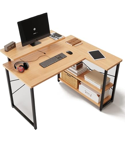Amazon | パソコンデスク L字型 120cm 木製 収納ラック付き 書斎机