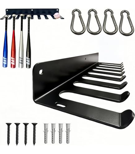 Hikeen Wall Mount Baseball Bat Holder Rack - Holds 14 Bats, With Hooks & No-Slip Pads, For Dugout, Garage, Or Home