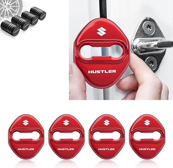 For スズキ ハスラー アクセサリー ドアストライカーカバー Hustler 車 専用設計 ハスラー 新型 mr52s カスタム 外装 パーツ, ドアロックカバー 高級鏡面ステンレス製 改良式 4個セット(贈り物: ハスラー タイヤ バルブキャップ ) (レッド) - 1
