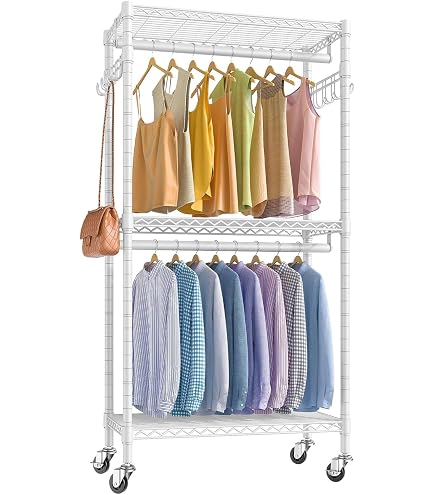 Amazon｜ハンガーラック2段洋服ラック耐荷重181kg頑丈キャスター付き棚 