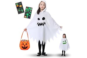 [Buoniganuo] ハロウィン コスプレ 子供 蛍光効果 幽霊 おばけ マント仮装【3点セット マント 蓄光タトゥーシール】キッズ コスチューム 悪魔 魔女 コスプレ 子供 演出服 パーティー用 女の子 男の子 子供