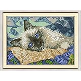 クロスステッチ刺繍キット Awesocrafts ブルーアイズネコ子猫動物 図柄印刷 DIY 初心者ホームの装飾 Cross Stitch (ネコ)