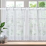 AooHome カフェカーテン 80cm丈 小窓 レース 半透 お風呂カーテン 145cm 幅 レースカーテン UVカット 省エネ 間仕切り 通気 高級レース生地 かわいい花柄刺繍 ミニカーテン 取り付け簡単
