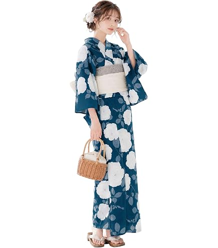 Amazon.co.jp: 綿麻素材 浴衣ジェンヌ 浴衣5点セット 麻の葉柄に金魚