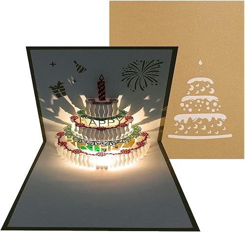 3Dポップアップ バースデーカード 3段ケーキ 光・音楽付き（ゴールド）（Wikrtoria）の商品画像