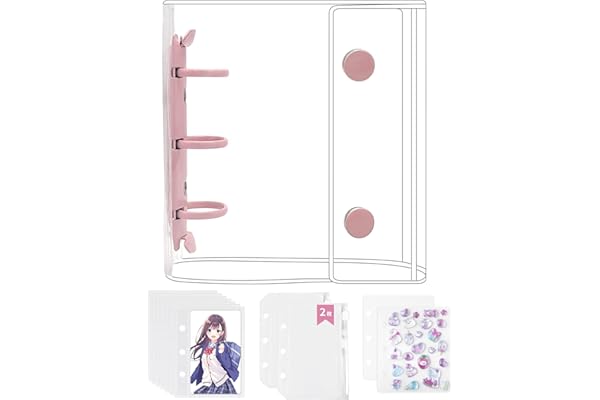 GOKEI シール帳 プラバン 透明 A8 ミニ バインダー 【リフィル×20枚 チャック付きボケット×2枚 下敷き×2枚】 PPシート カードポケット シール台紙 手帳 プリ帳 カードスリーブ 透明シール帳 はがせる バインダー型ノート 女の子 コラージュノート (ピンク)